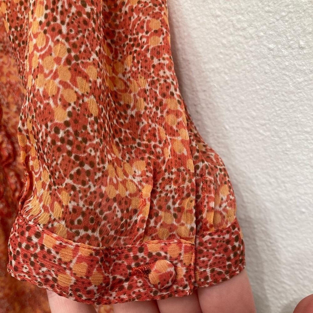 3/$20 Banana Republic Sheer Ruffled Floral Blouse Top Women Medium Orange Summer - Picture 5 of 8